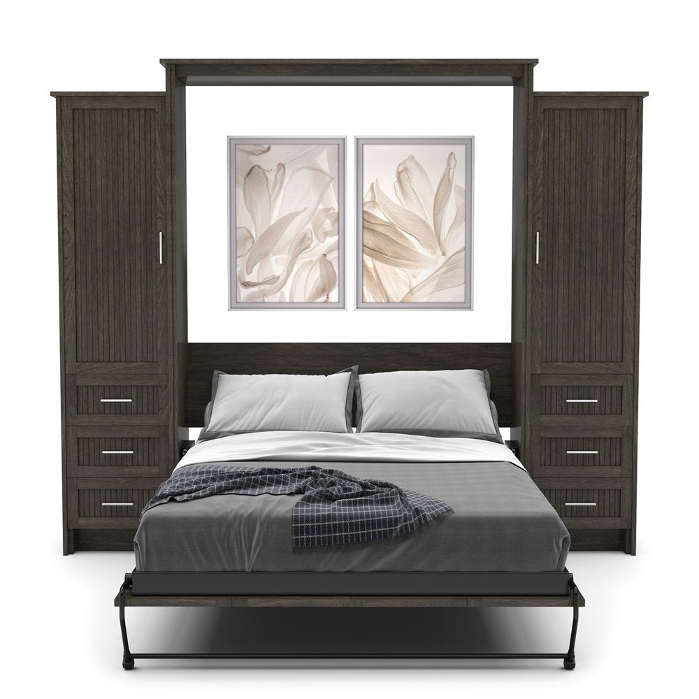 Twin Size Murphy Bed - Left & Right Cabinet, Beadboard Style, Brushed Nickel Pulls - Murphy Door