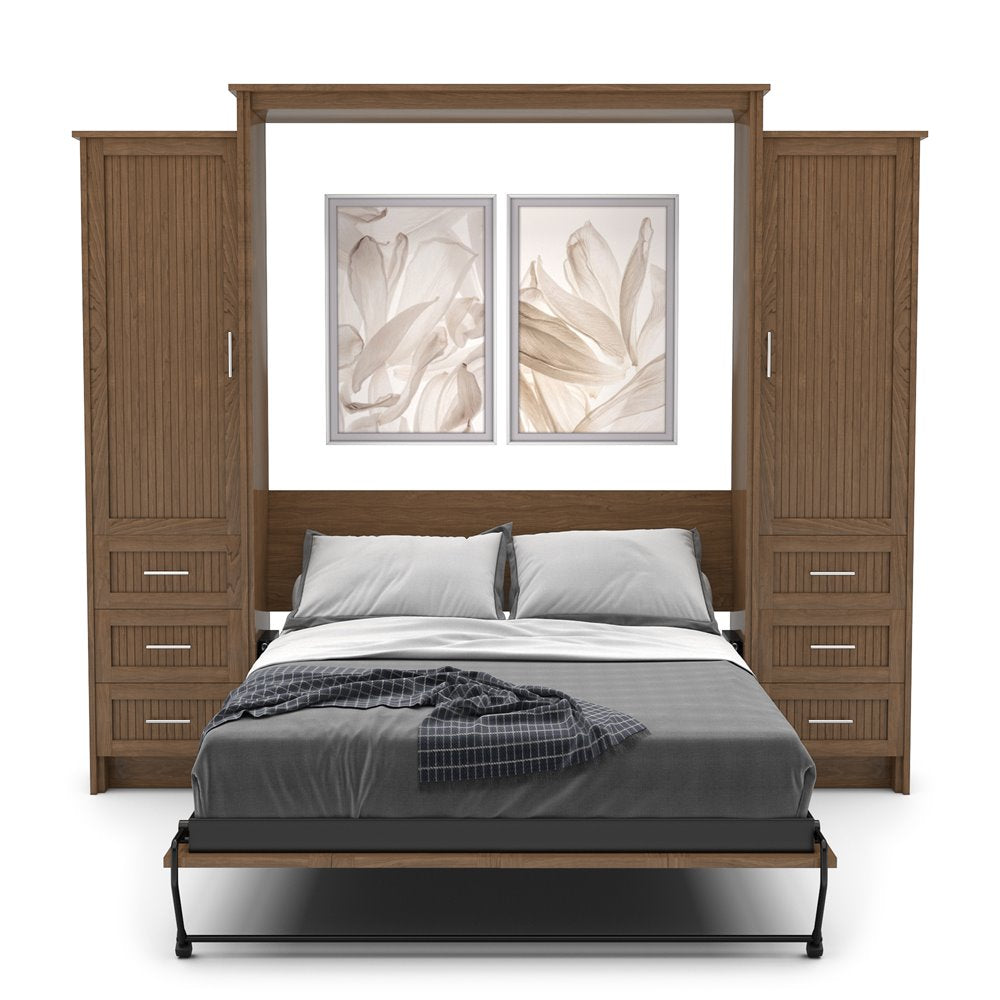 Twin Size Murphy Bed - Left & Right Cabinet, Beadboard Style, Brushed Nickel Pulls - Murphy Door