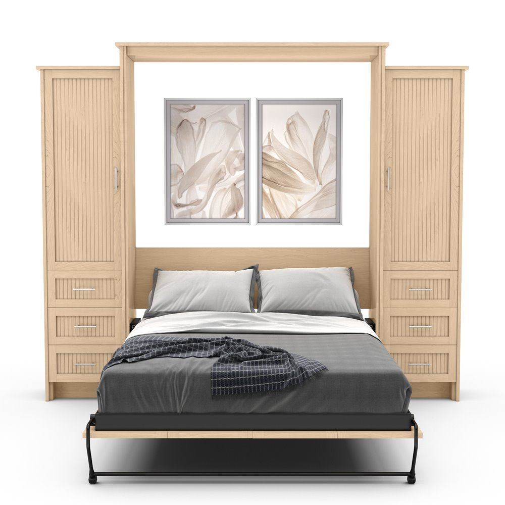 Twin Size Murphy Bed - Left & Right Cabinet, Beadboard Style, Brushed Nickel Pulls - Murphy Door