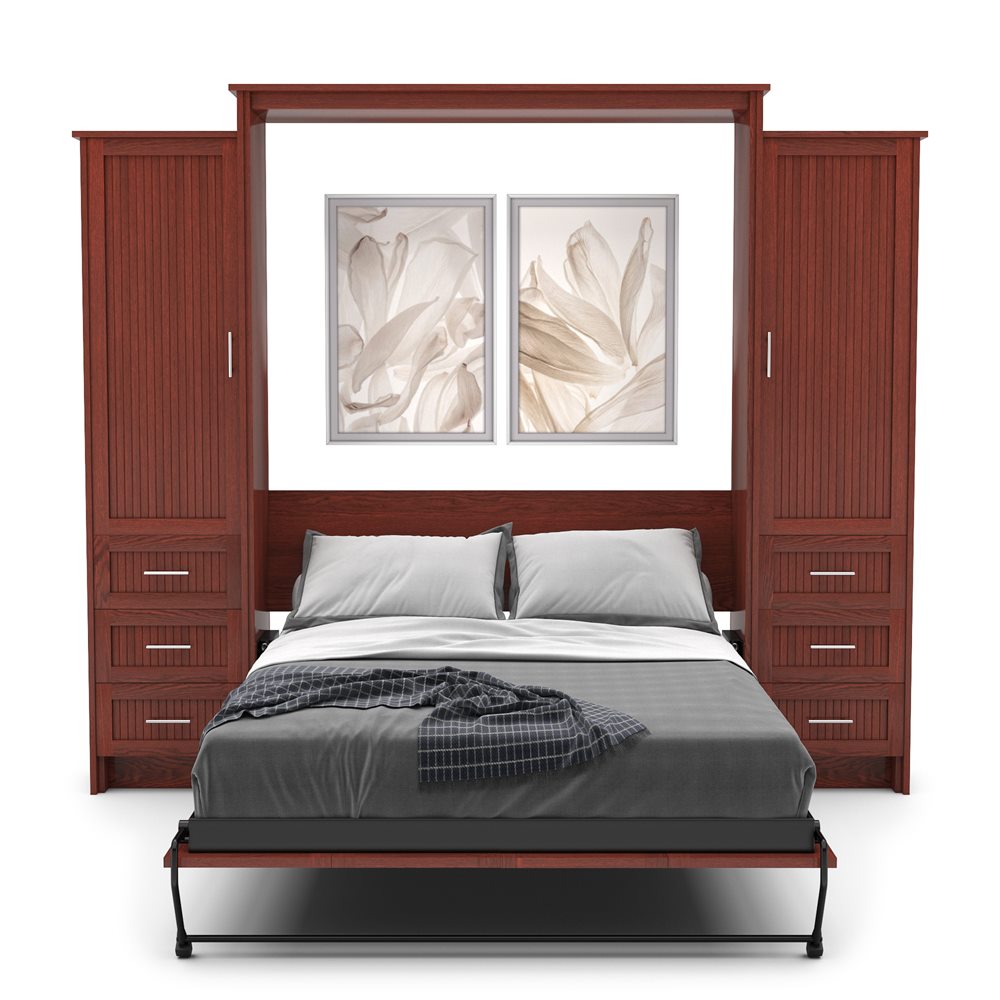 Twin Size Murphy Bed - Left & Right Cabinet, Beadboard Style, Brushed Nickel Pulls - Murphy Door