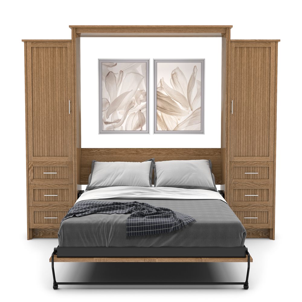 Queen Size Murphy Bed - Left & Right Cabinet, Beadboard Style, Brushed Nickel Pulls - Murphy Door