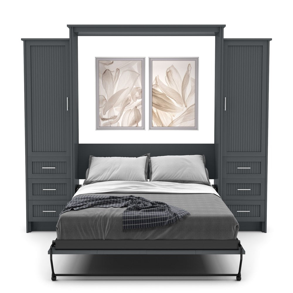 Full Size Murphy Bed - Left & Right Cabinet, Beadboard Style, Brushed Nickel Pulls - Murphy Door
