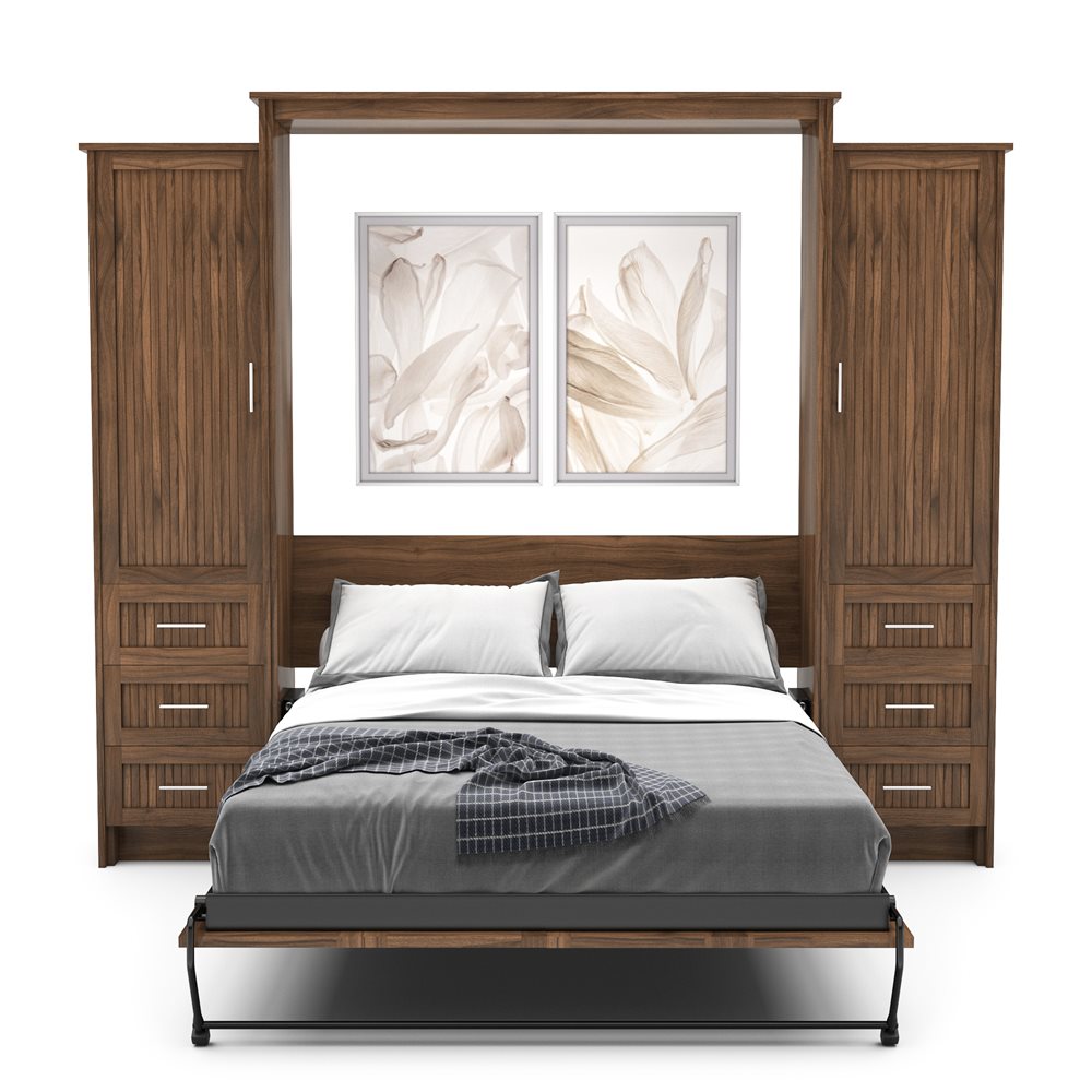King Size Murphy Bed - Left & Right Cabinet, Beadboard Style, Brushed Nickel Pulls - Murphy Door
