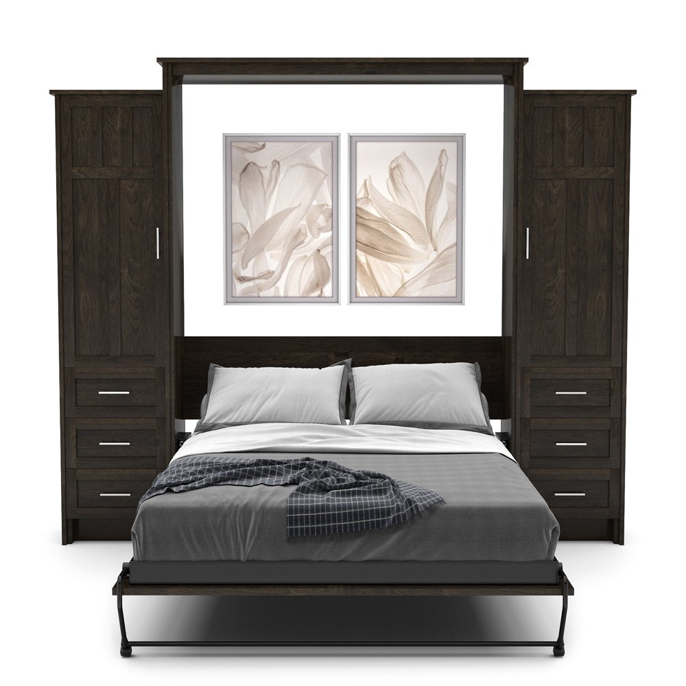 Queen Size Murphy Bed - Left & Right Cabinet, Craftsman Style, Brushed Nickel Pulls - Murphy Door