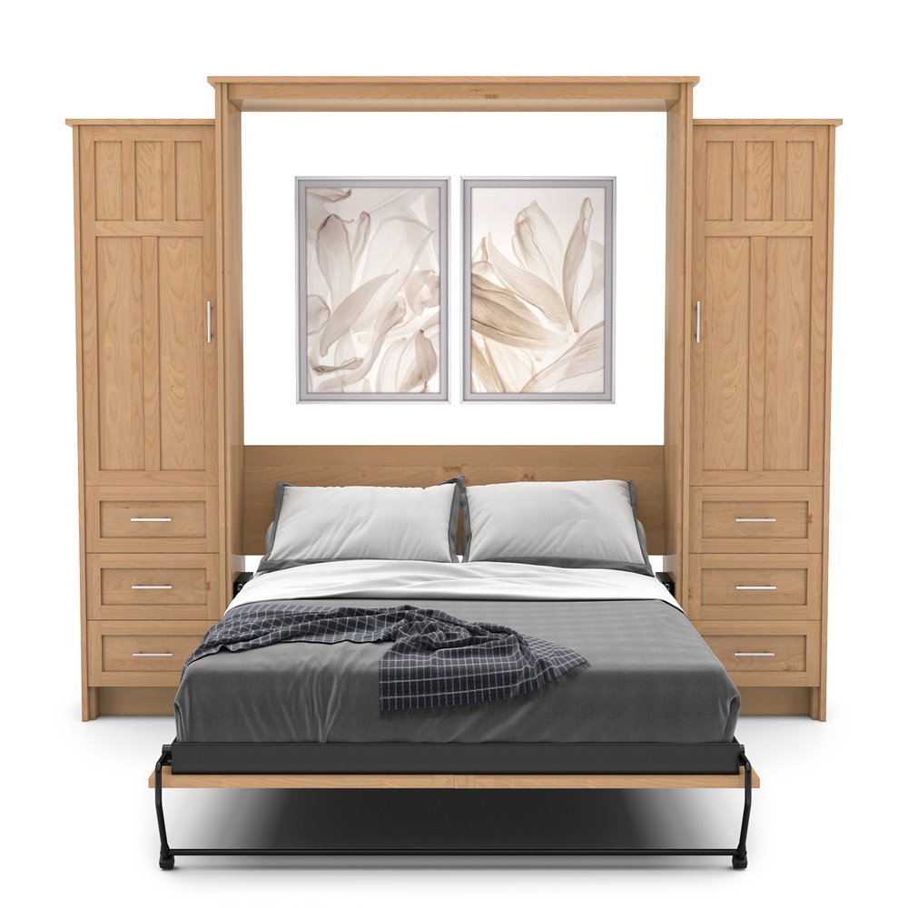 Full Size Murphy Bed - Left & Right Cabinet, Craftsman Style, Brushed Nickel Pulls - Murphy Door