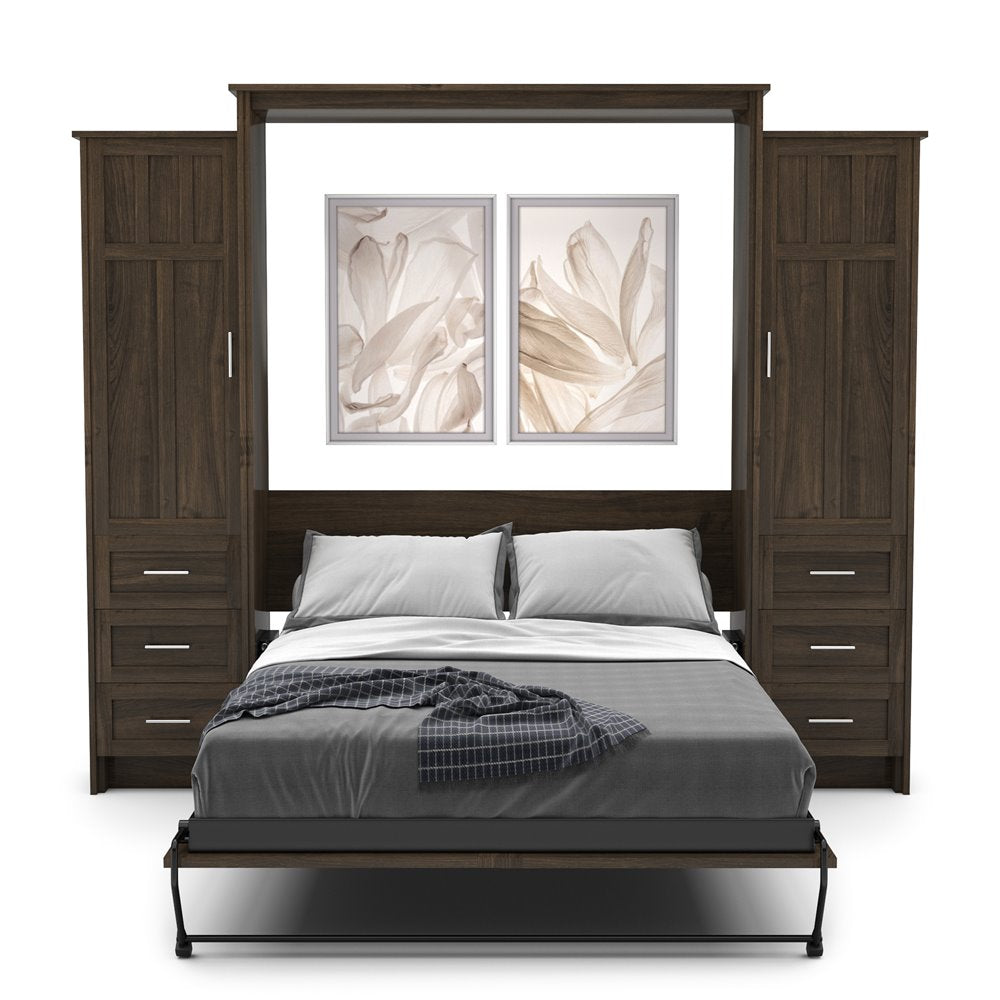 Twin Size Murphy Bed - Left & Right Cabinet, Craftsman Style, Brushed Nickel Pulls - Murphy Door
