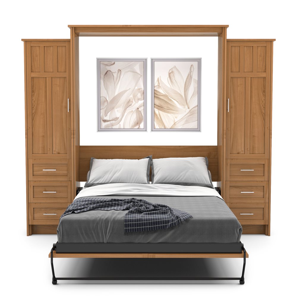 Full Size Murphy Bed - Left & Right Cabinet, Craftsman Style, Brushed Nickel Pulls - Murphy Door