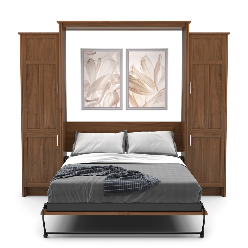 Full Size Murphy Bed - Left & Right Cabinet, Craftsman Style, Brushed Nickel Pulls - Murphy Door