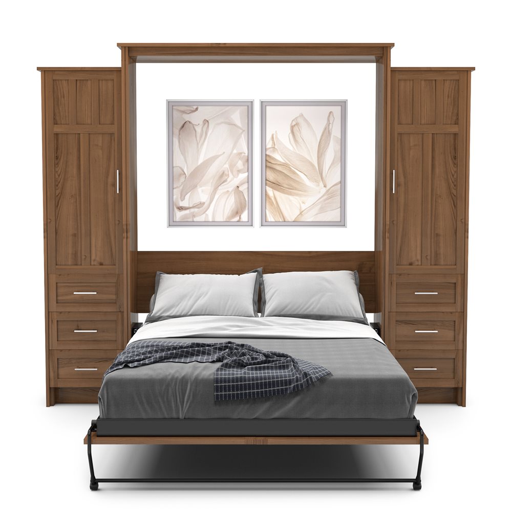 Full Size Murphy Bed - Left & Right Cabinet, Craftsman Style, Brushed Nickel Pulls - Murphy Door