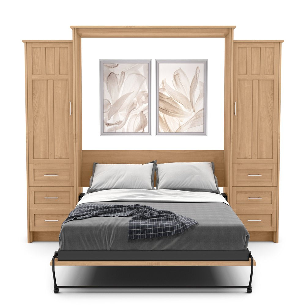 Queen Size Murphy Bed - Left & Right Cabinet, Craftsman Style, Brushed Nickel Pulls - Murphy Door