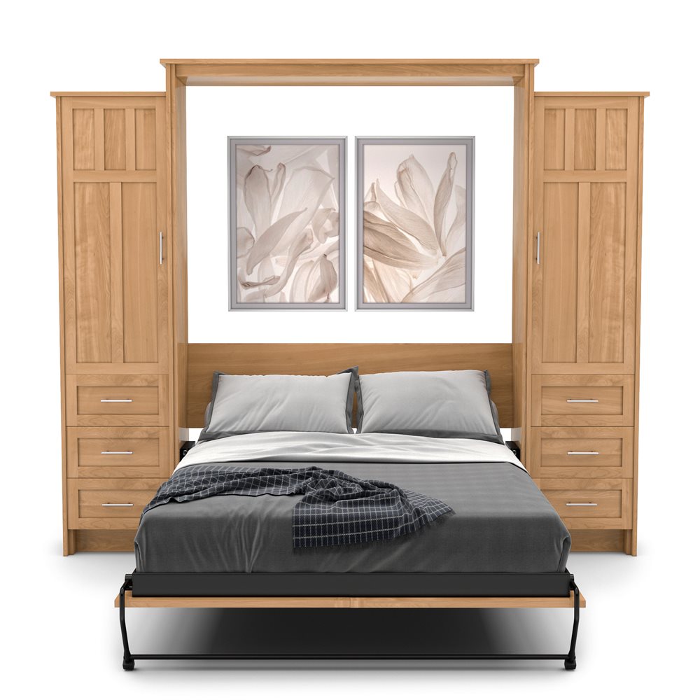 Twin Size Murphy Bed - Left & Right Cabinet, Craftsman Style, Brushed Nickel Pulls - Murphy Door
