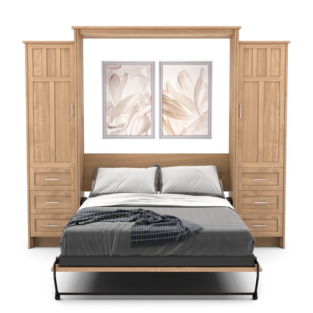 Full Size Murphy Bed - Left & Right Cabinet, Craftsman Style, Brushed Nickel Pulls - Murphy Door