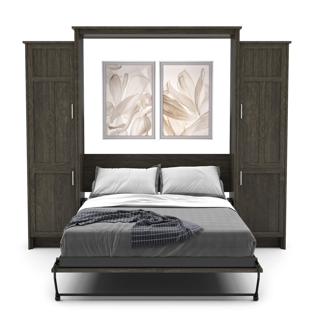 Queen Size Murphy Bed - Left & Right Cabinet, Craftsman Style, Brushed Nickel Pulls - Murphy Door