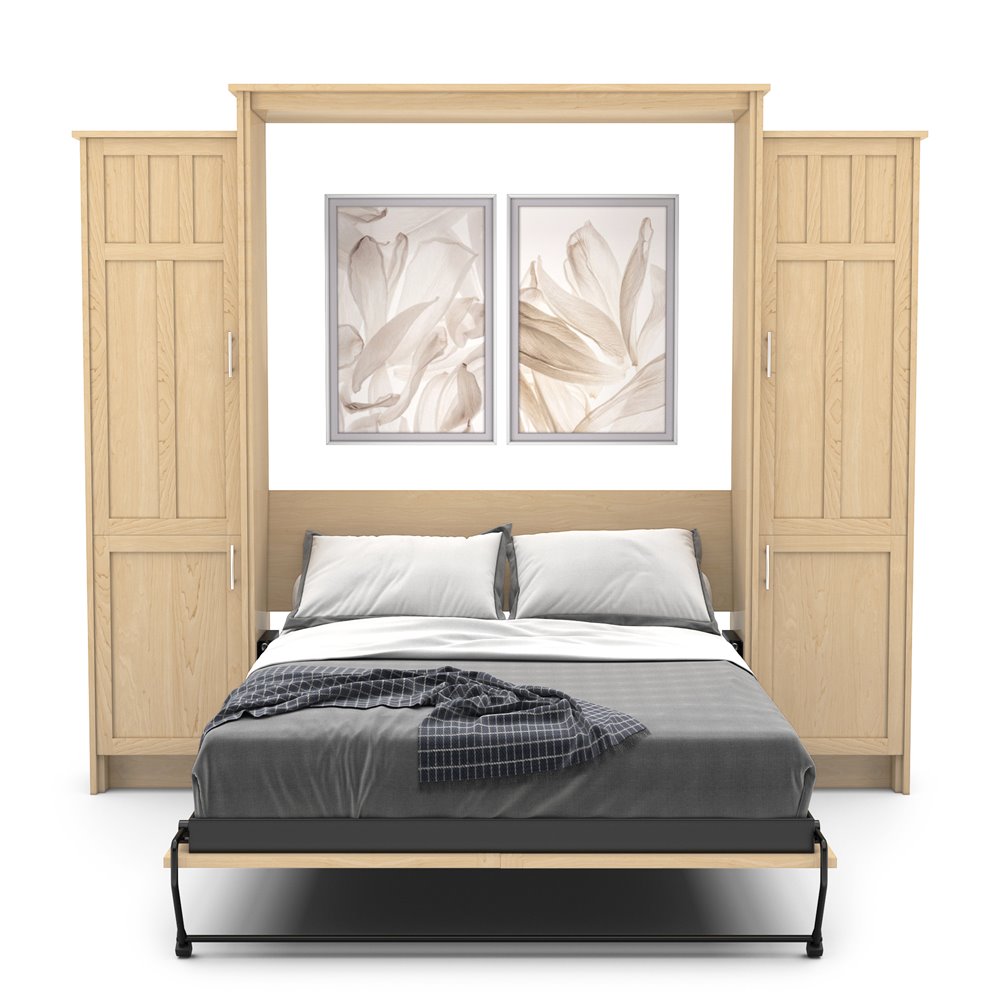 Queen Size Murphy Bed - Left & Right Cabinet, Craftsman Style, Brushed Nickel Pulls - Murphy Door