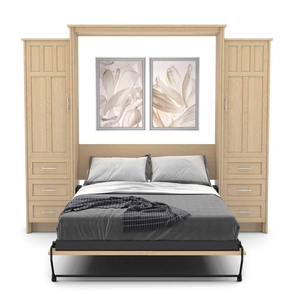 Queen Size Murphy Bed - Left & Right Cabinet, Craftsman Style, Brushed Nickel Pulls - Murphy Door