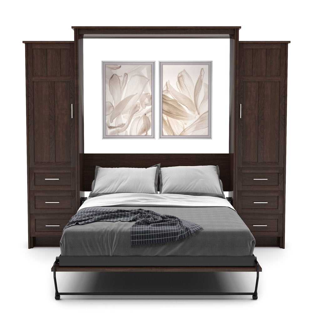 Twin Size Murphy Bed - Left & Right Cabinet, Craftsman Style, Brushed Nickel Pulls - Murphy Door
