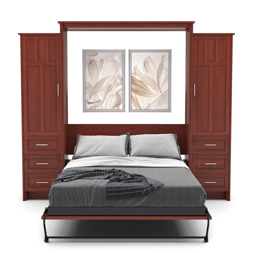 Full Size Murphy Bed - Left & Right Cabinet, Craftsman Style, Brushed Nickel Pulls - Murphy Door