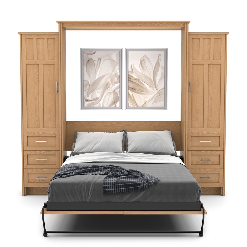 Full Size Murphy Bed - Left & Right Cabinet, Craftsman Style, Brushed Nickel Pulls - Murphy Door