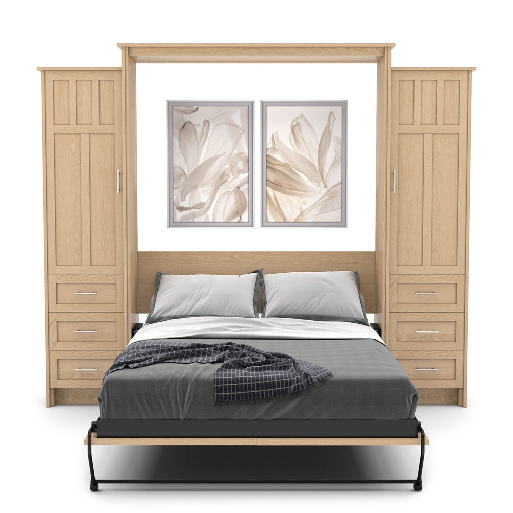 Full Size Murphy Bed - Left & Right Cabinet, Craftsman Style, Brushed Nickel Pulls - Murphy Door