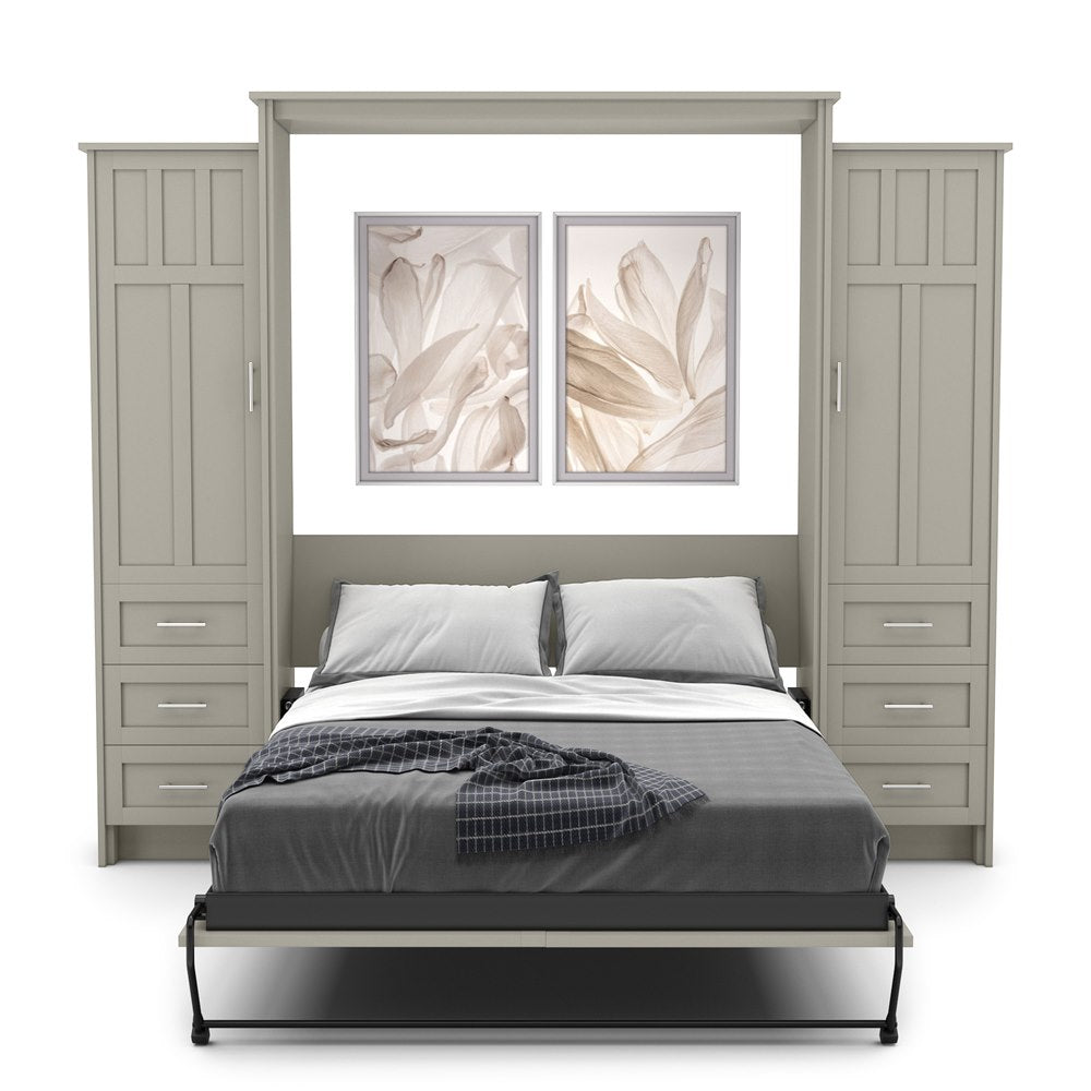 Queen Size Murphy Bed - Left & Right Cabinet, Craftsman Style, Brushed Nickel Pulls - Murphy Door