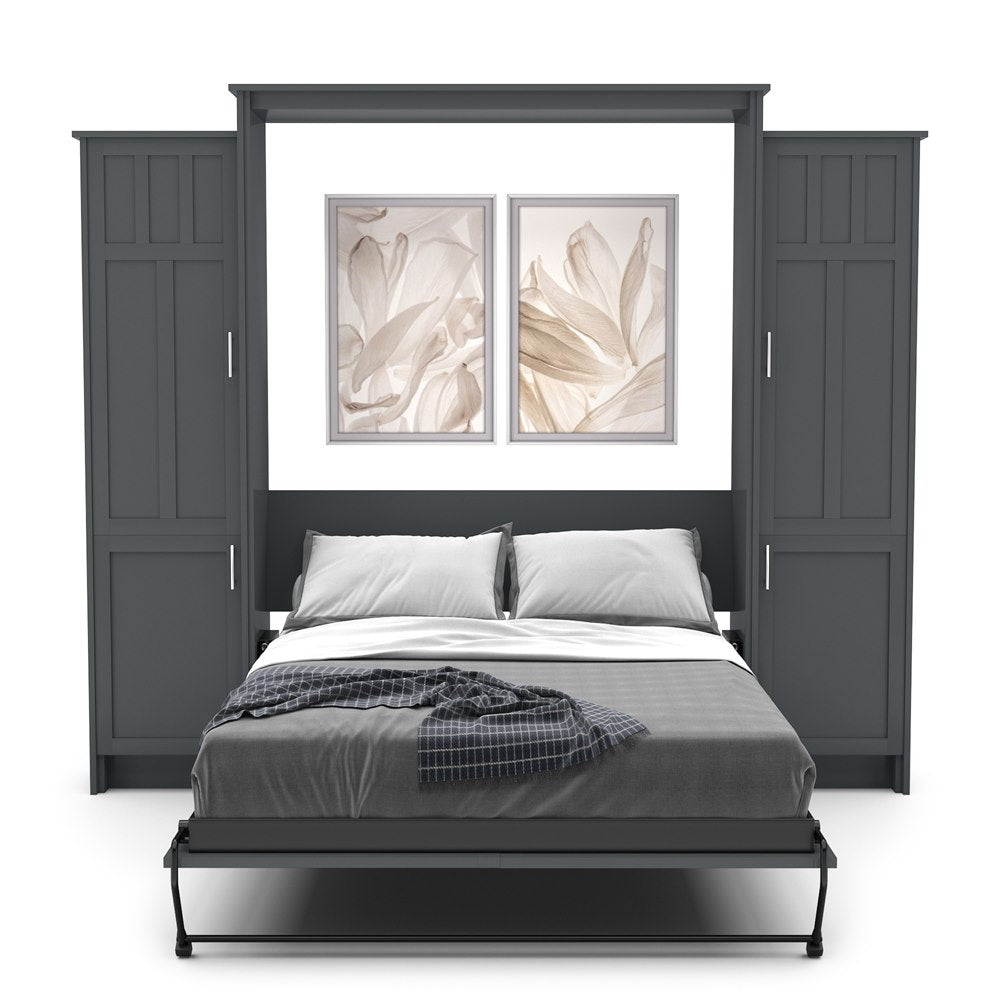 Queen Size Murphy Bed - Left & Right Cabinet, Craftsman Style, Brushed Nickel Pulls - Murphy Door