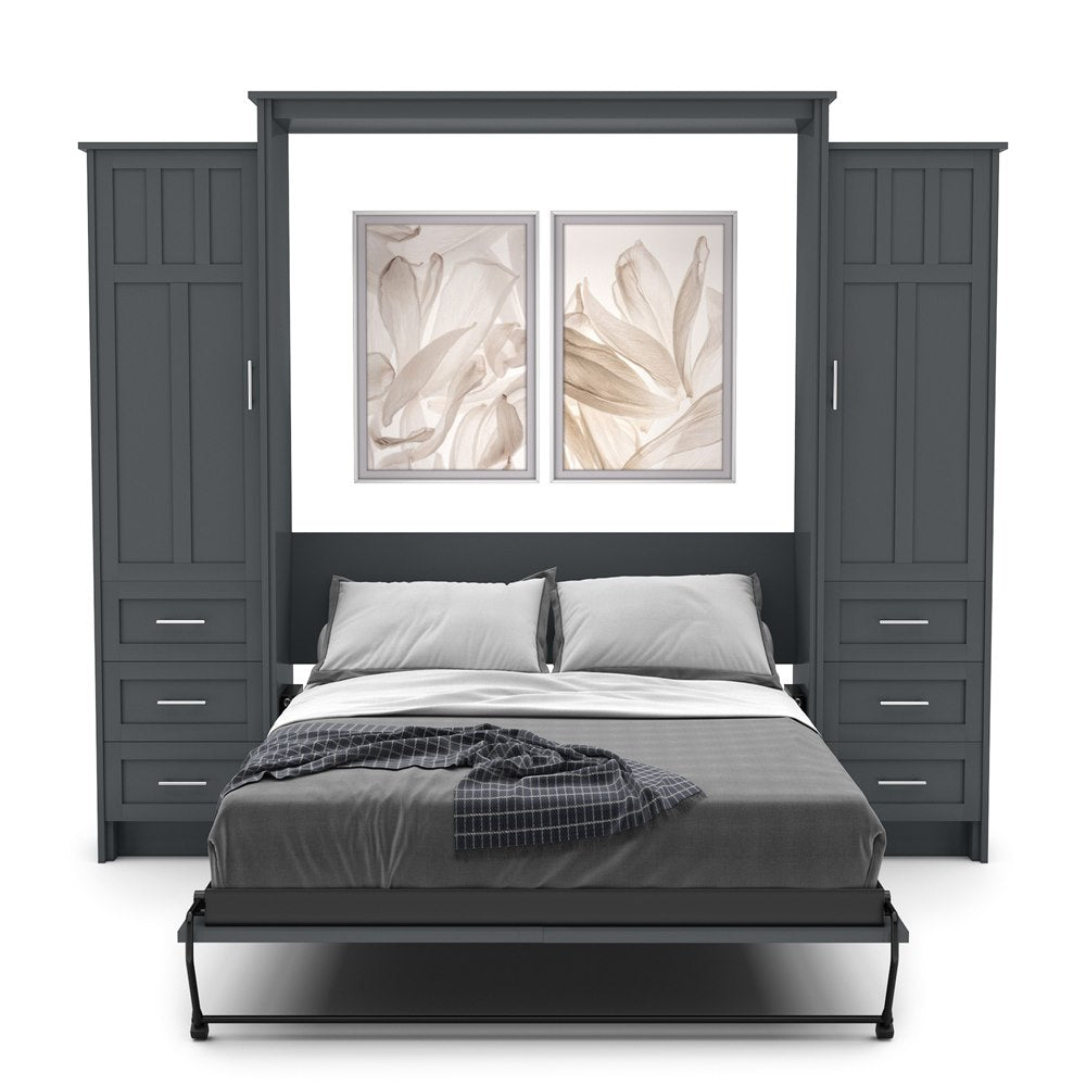 Queen Size Murphy Bed - Left & Right Cabinet, Craftsman Style, Brushed Nickel Pulls - Murphy Door