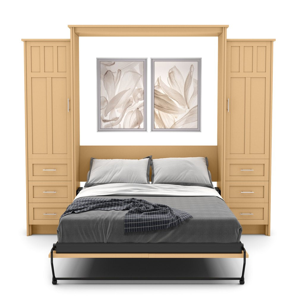 Twin Size Murphy Bed - Left & Right Cabinet, Craftsman Style, Brushed Nickel Pulls - Murphy Door