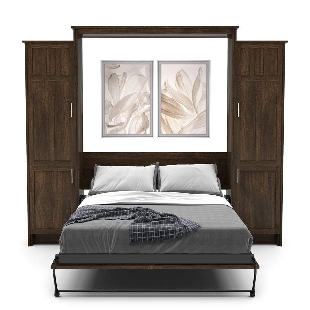 Full Size Murphy Bed - Left & Right Cabinet, Craftsman Style, Brushed Nickel Pulls - Murphy Door