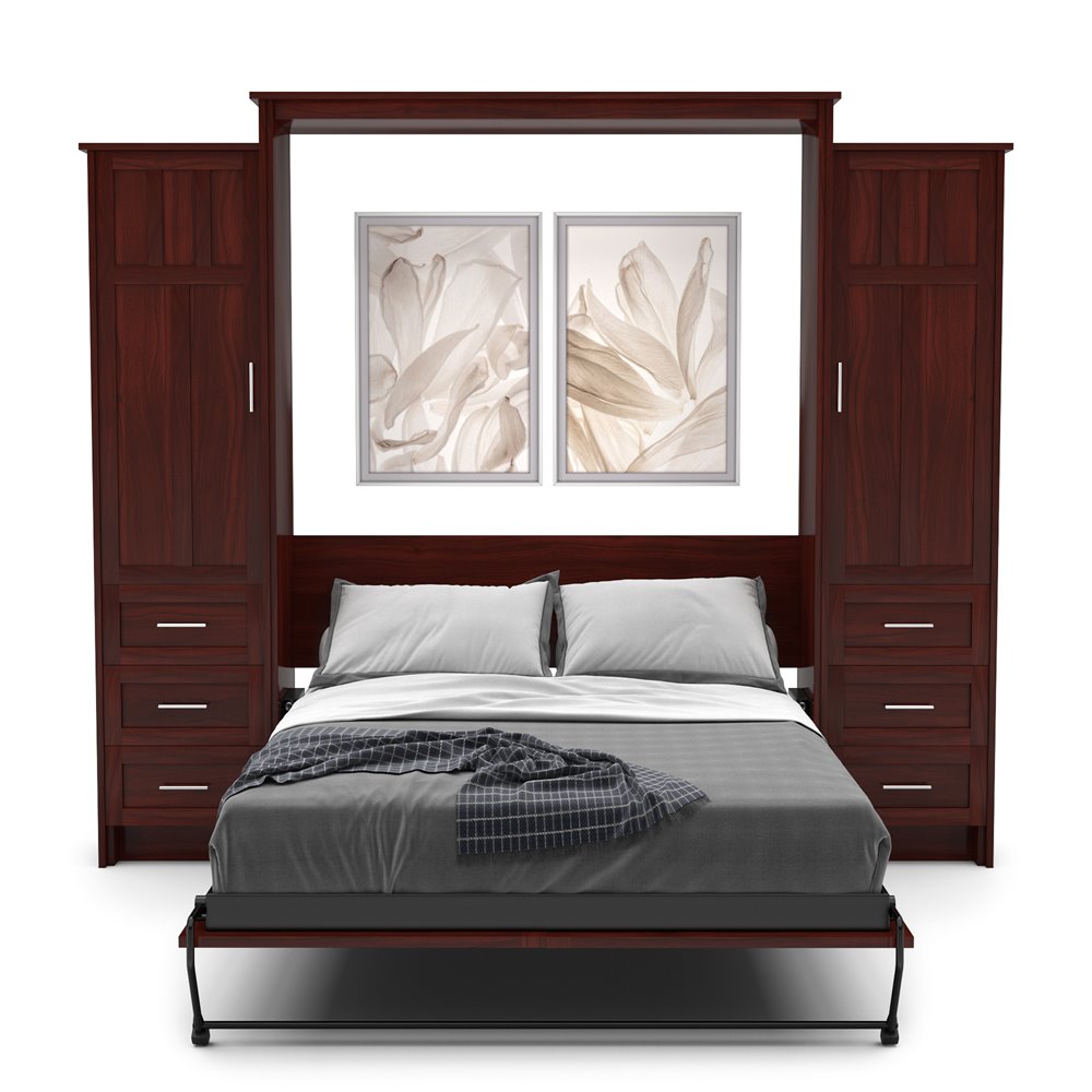 Full Size Murphy Bed - Left & Right Cabinet, Craftsman Style, Brushed Nickel Pulls - Murphy Door