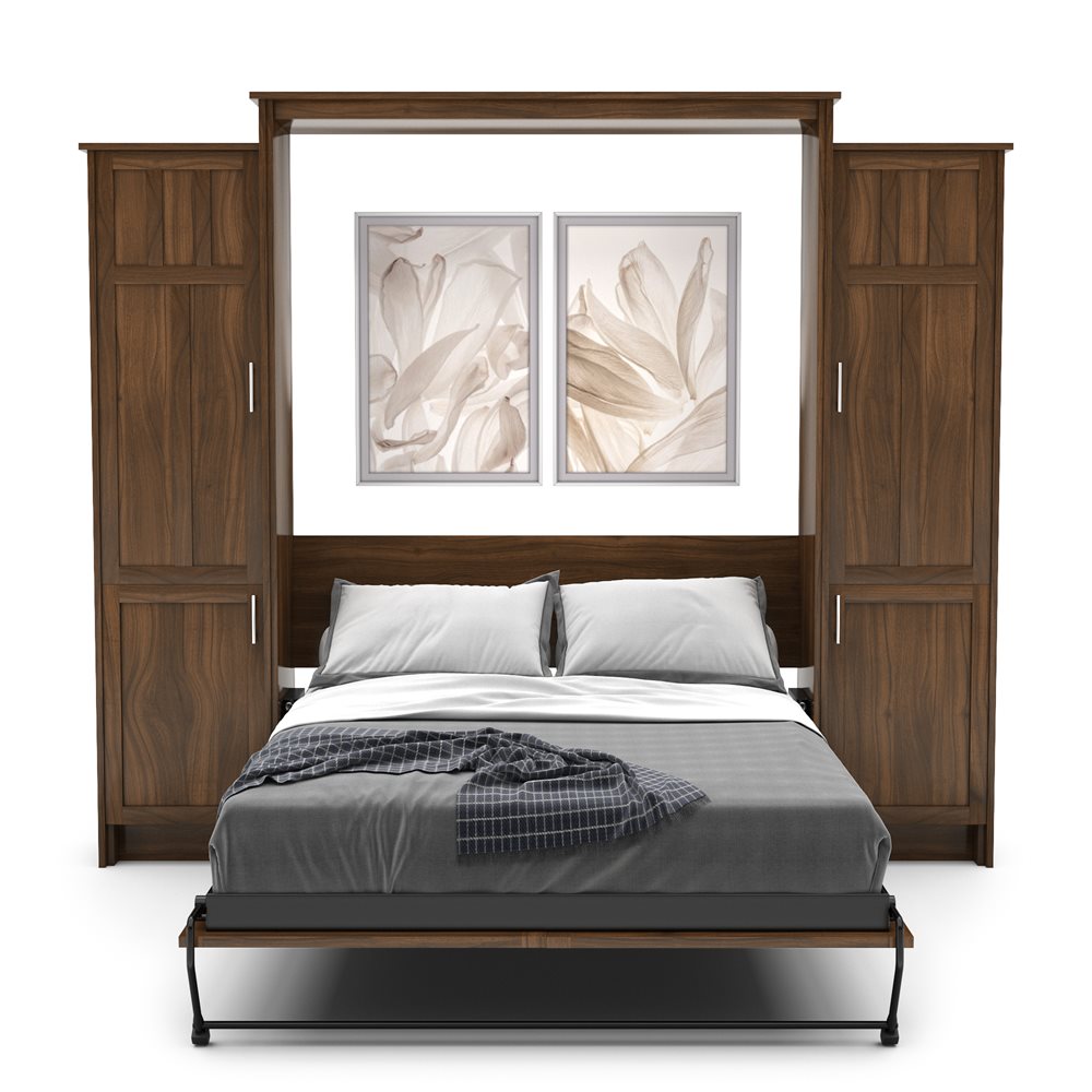 Full Size Murphy Bed - Left & Right Cabinet, Craftsman Style, Brushed Nickel Pulls - Murphy Door