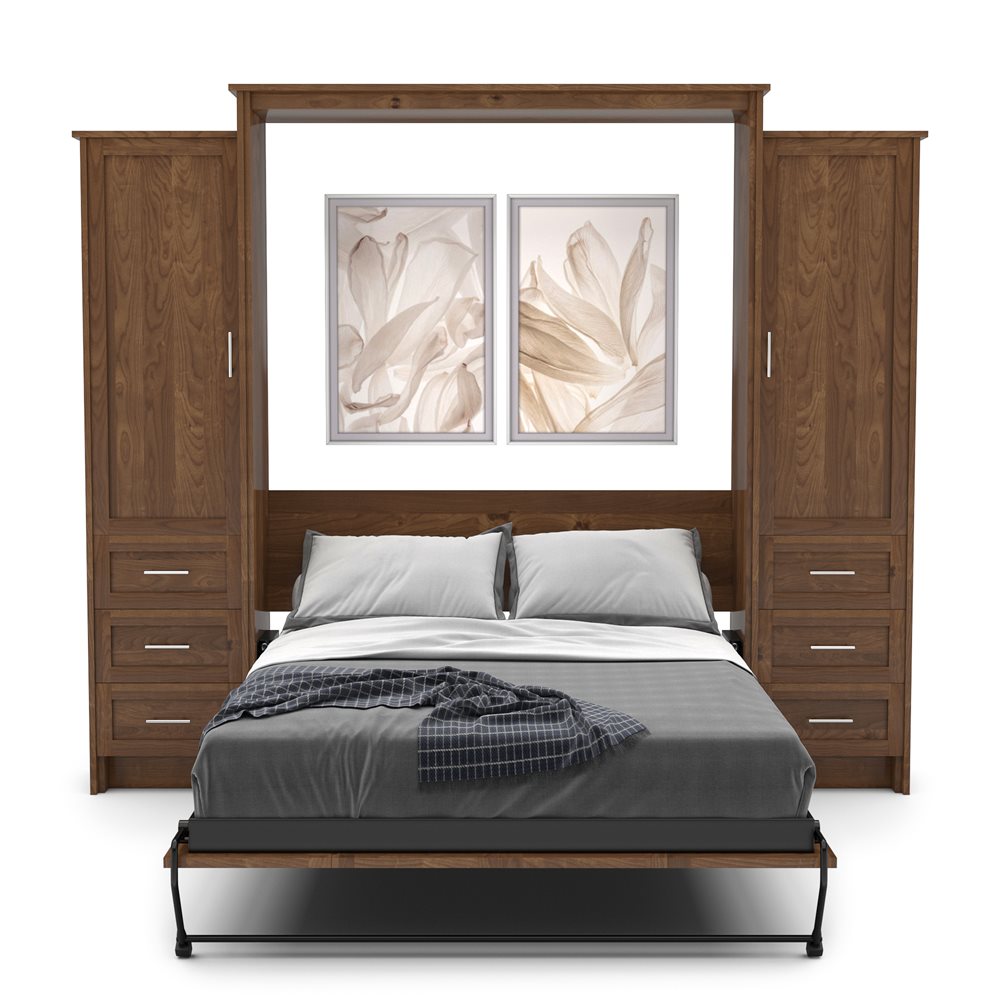 King Size Murphy Bed - Left & Right Cabinet, Shaker Style, Brushed Nickel Pulls - Murphy Door