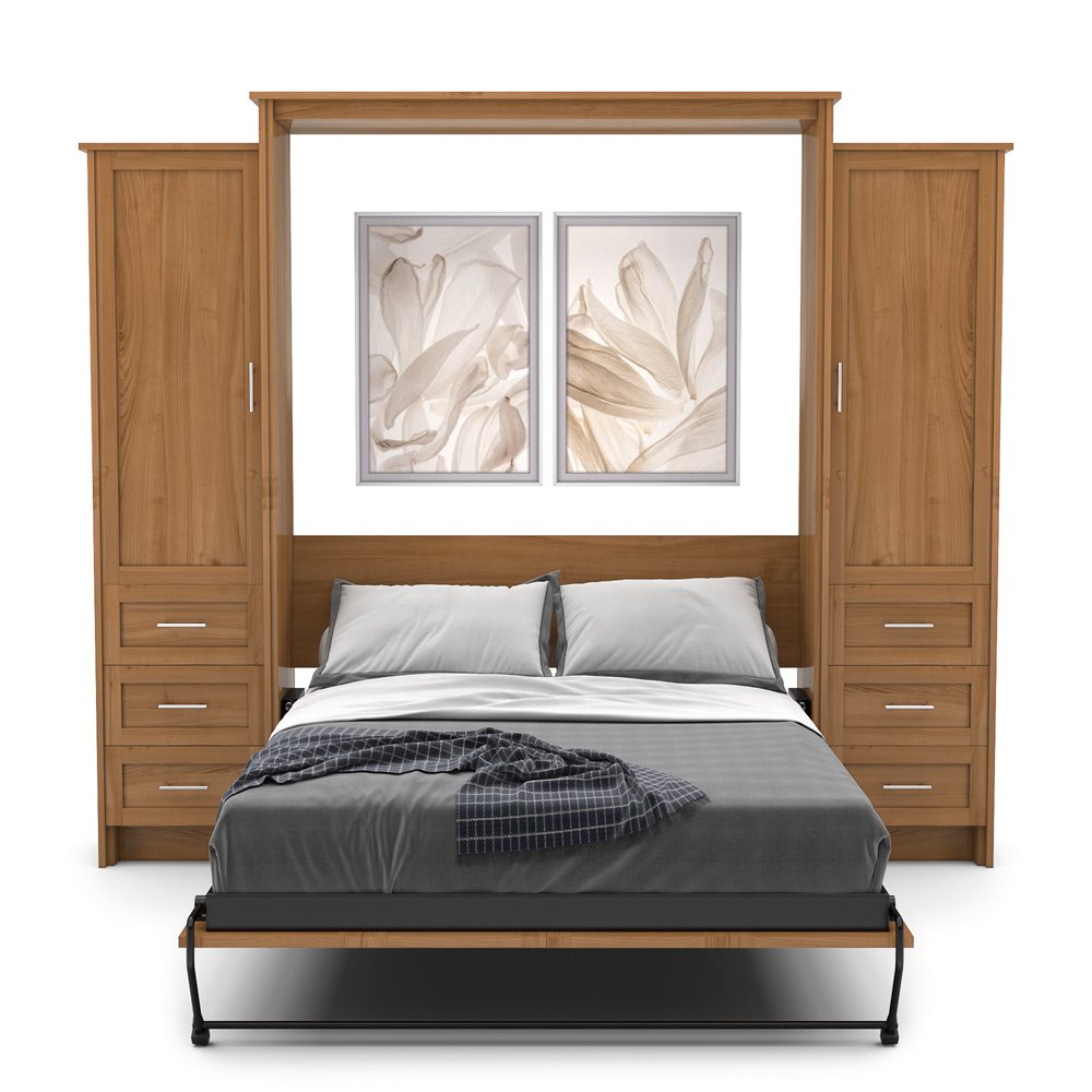 Twin Size Murphy Bed - Left & Right Cabinet, Shaker Style, Brushed Nickel Pulls - Murphy Door