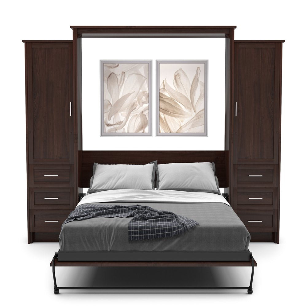 Twin Size Murphy Bed - Left & Right Cabinet, Shaker Style, Brushed Nickel Pulls - Murphy Door