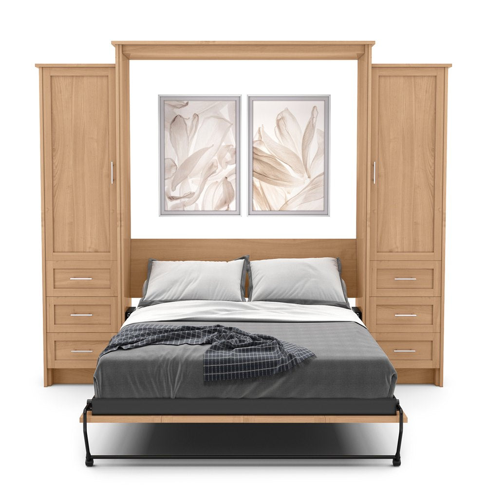 Twin Size Murphy Bed - Left & Right Cabinet, Shaker Style, Brushed Nickel Pulls - Murphy Door