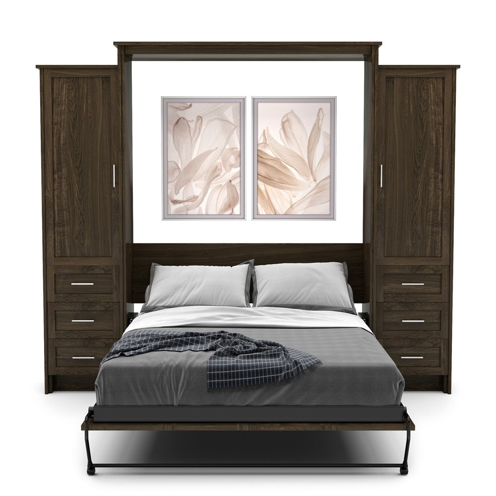 Twin Size Murphy Bed - Left & Right Cabinet, Shaker Style, Brushed Nickel Pulls - Murphy Door