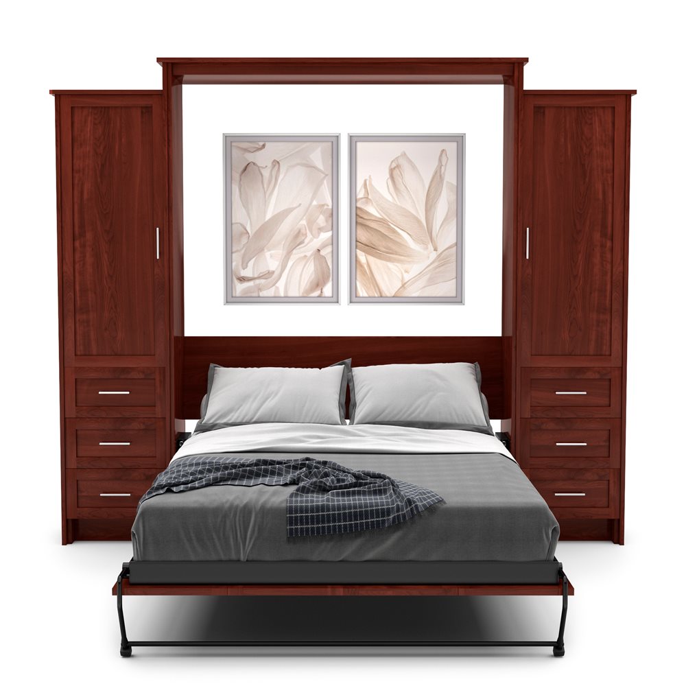 Twin Size Murphy Bed - Left & Right Cabinet, Shaker Style, Brushed Nickel Pulls - Murphy Door