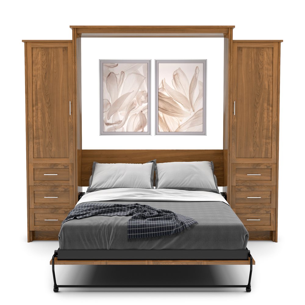 Twin Size Murphy Bed - Left & Right Cabinet, Shaker Style, Brushed Nickel Pulls - Murphy Door