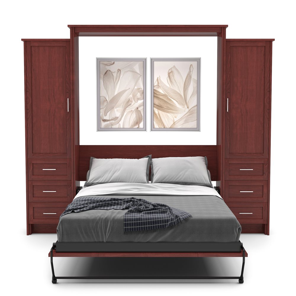 Twin Size Murphy Bed - Left & Right Cabinet, Shaker Style, Brushed Nickel Pulls - Murphy Door