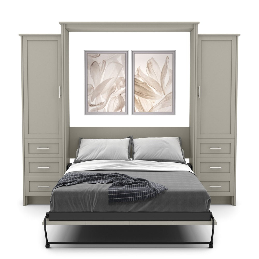 King Size Murphy Bed - Left & Right Cabinet, Shaker Style, Brushed Nickel Pulls - Murphy Door