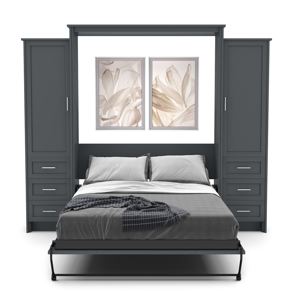 Twin Size Murphy Bed - Left & Right Cabinet, Shaker Style, Brushed Nickel Pulls - Murphy Door