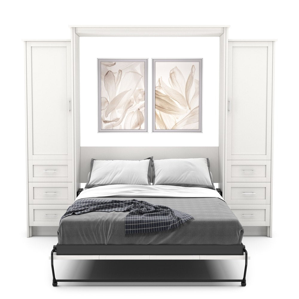 Twin Size Murphy Bed - Left & Right Cabinet, Shaker Style, Brushed Nickel Pulls - Murphy Door