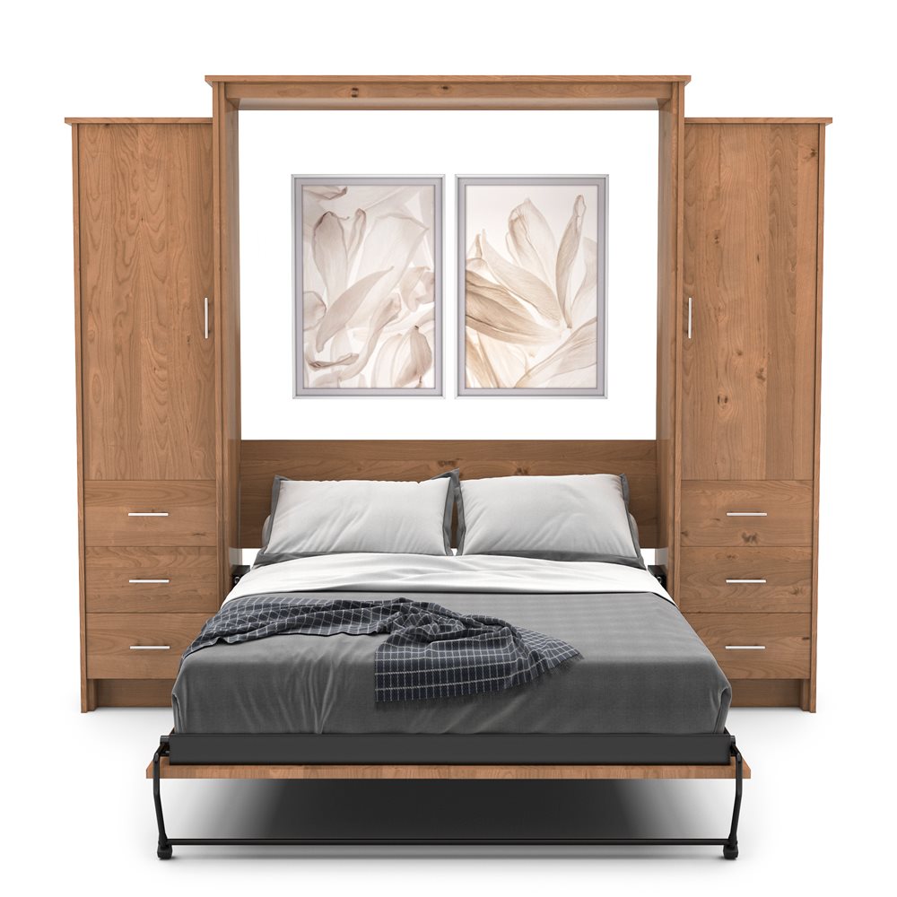 Twin Size Murphy Bed - Left & Right Cabinet, Slab Style, Brushed Nickel Pulls - Murphy Door