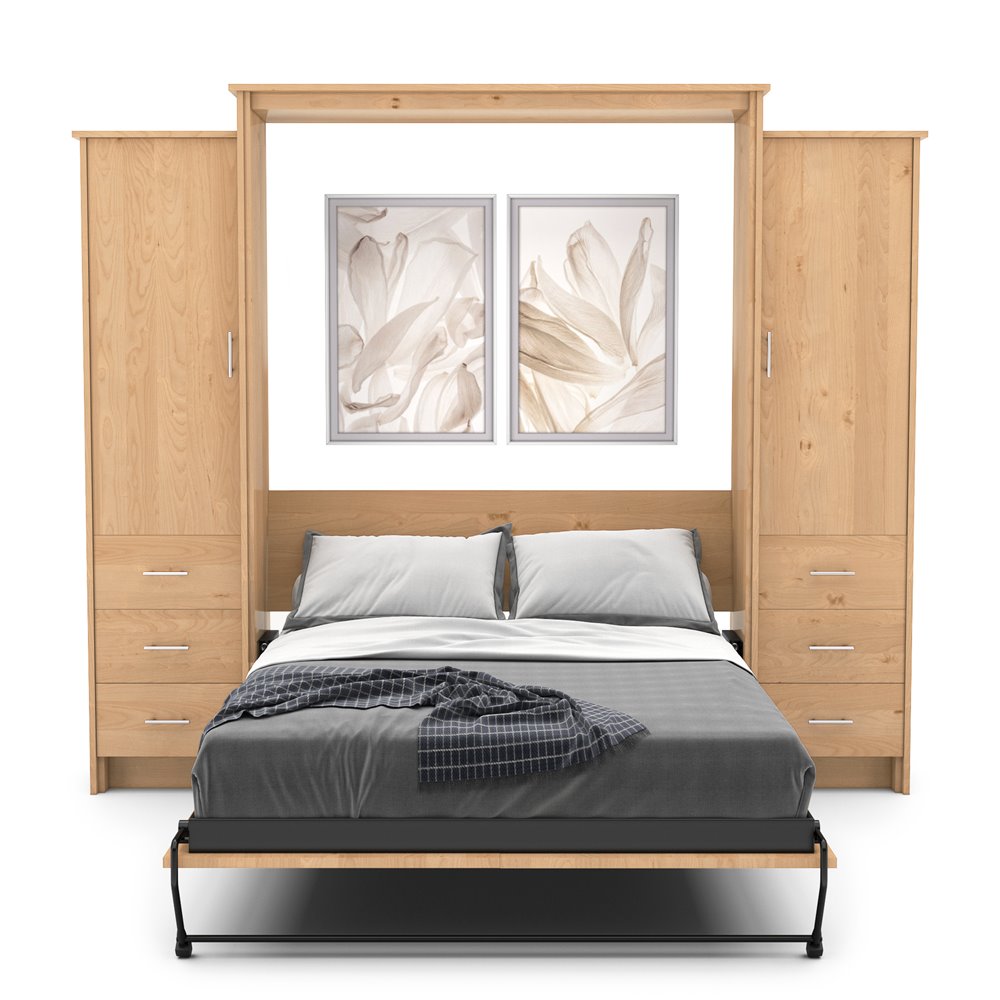 Twin Size Murphy Bed - Left & Right Cabinet, Slab Style, Brushed Nickel Pulls - Murphy Door