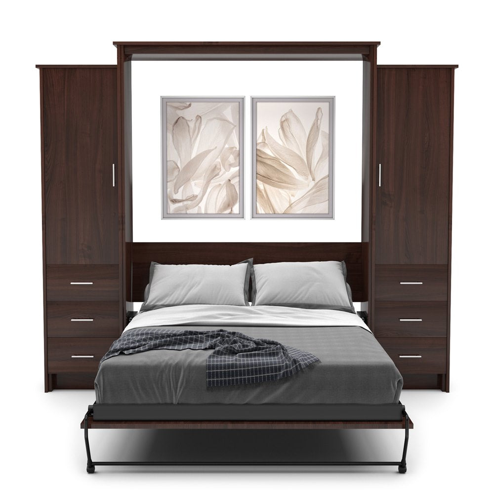Twin Size Murphy Bed - Left & Right Cabinet, Slab Style, Brushed Nickel Pulls - Murphy Door