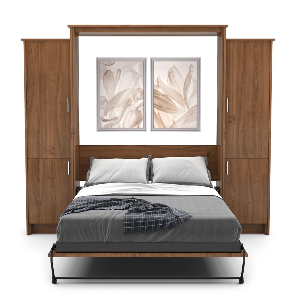 Twin Size Murphy Bed - Left & Right Cabinet, Slab Style, Brushed Nickel Pulls - Murphy Door