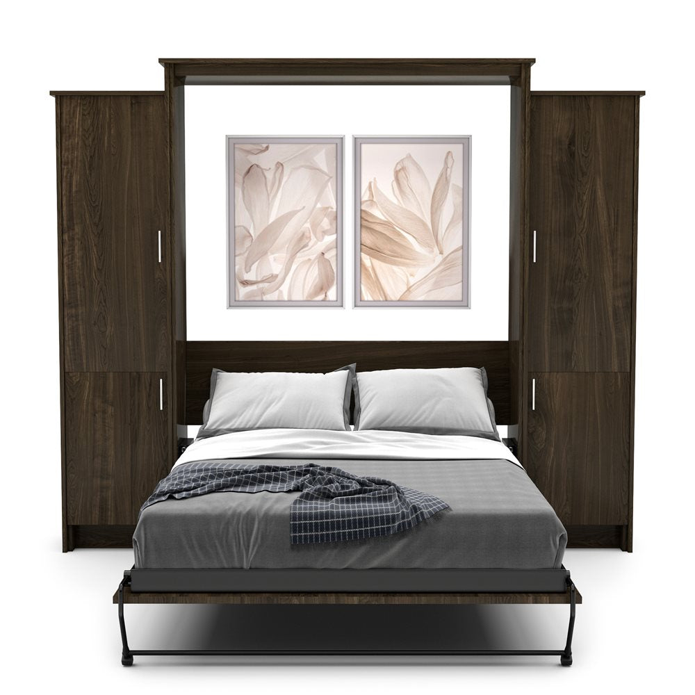 Twin Size Murphy Bed - Left & Right Cabinet, Slab Style, Brushed Nickel Pulls - Murphy Door