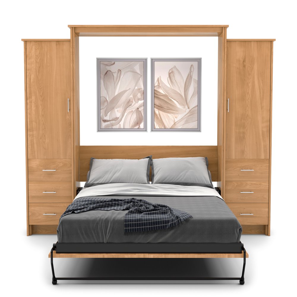 Twin Size Murphy Bed - Left & Right Cabinet, Slab Style, Brushed Nickel Pulls - Murphy Door