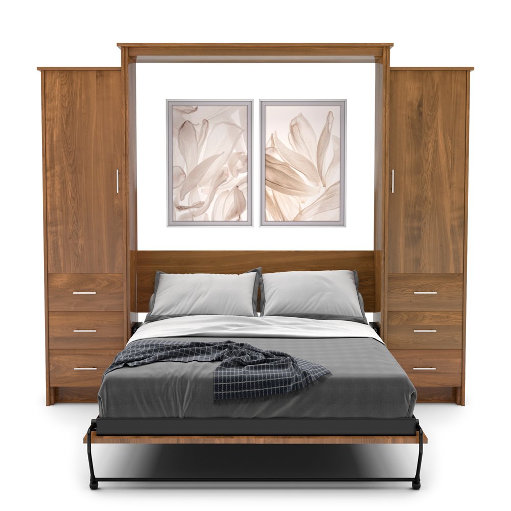 Twin Size Murphy Bed - Left & Right Cabinet, Slab Style, Brushed Nickel Pulls - Murphy Door