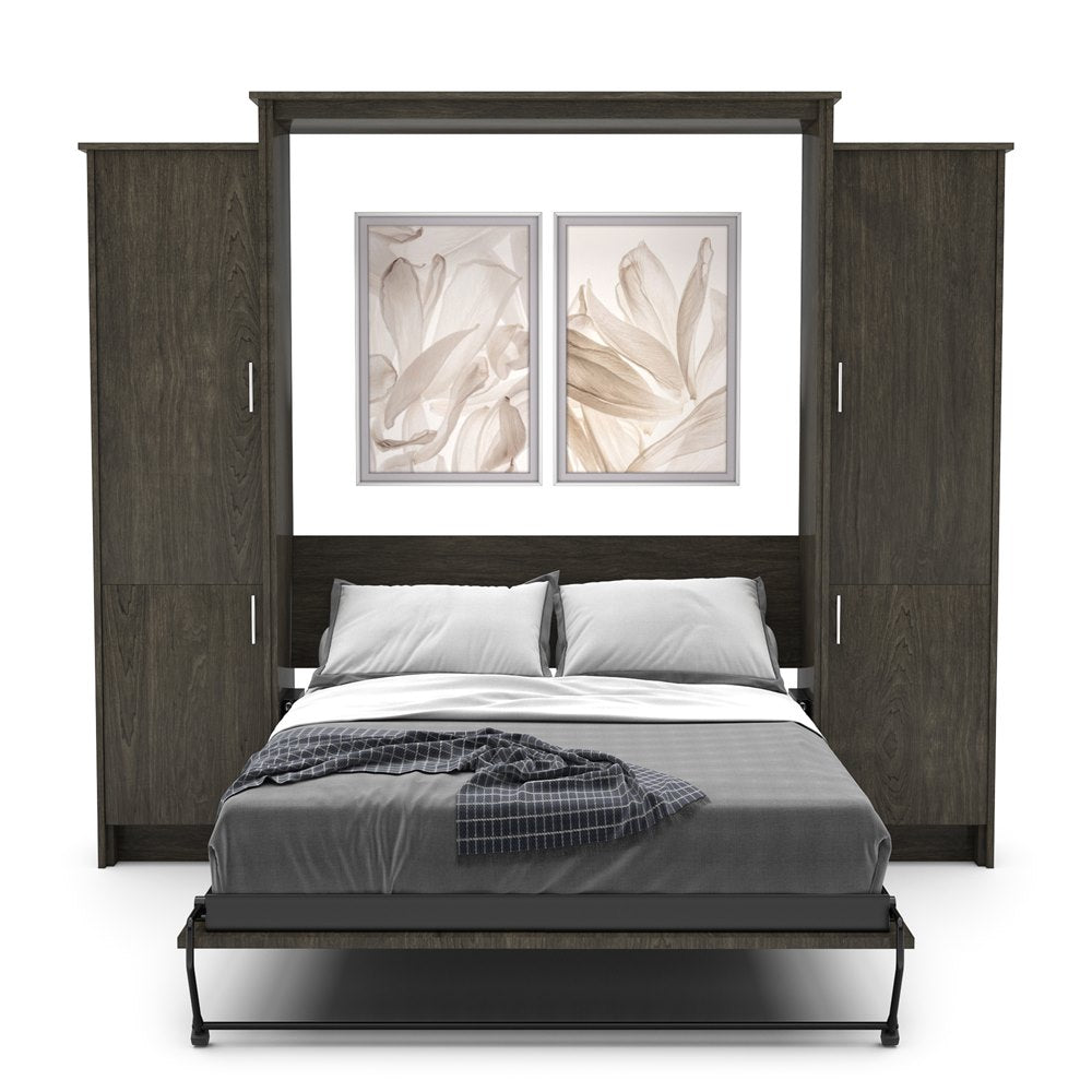 Full Size Murphy Bed - Left & Right Cabinet, Slab Style, Brushed Nickel Pulls - Murphy Door