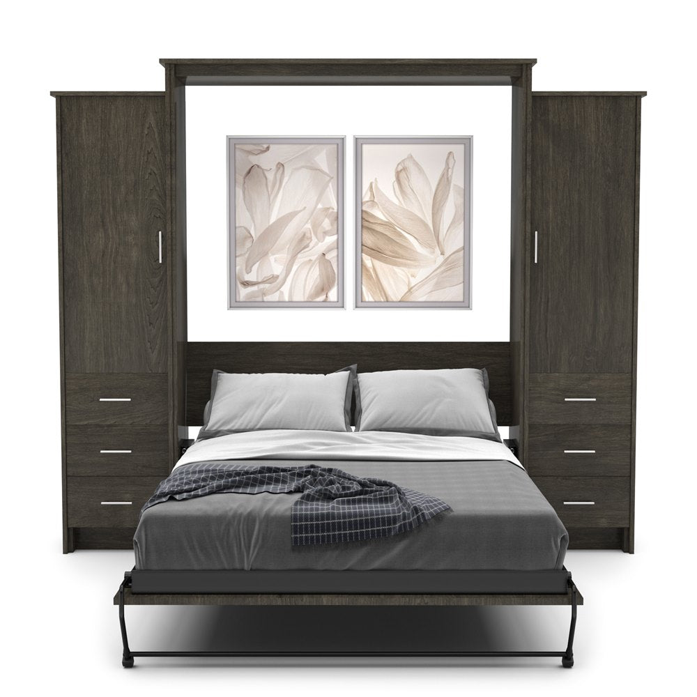 Twin Size Murphy Bed - Left & Right Cabinet, Slab Style, Brushed Nickel Pulls - Murphy Door
